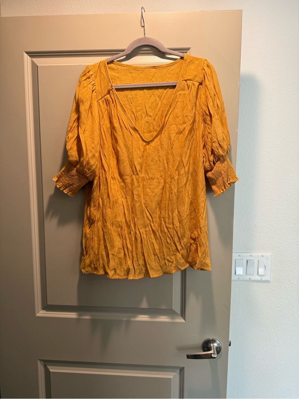 SHEIN 2XL Mustard Gold V Neck Puff Sleeve Tunic Blouse NWOT